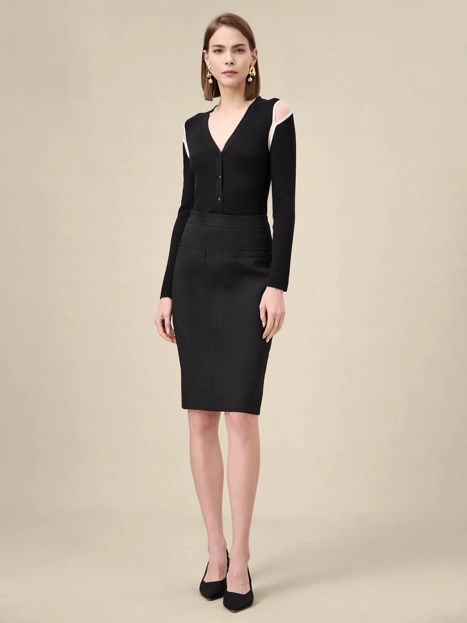 Amoretu Wool & Silk Contrasting Off Shoulder Cardigan