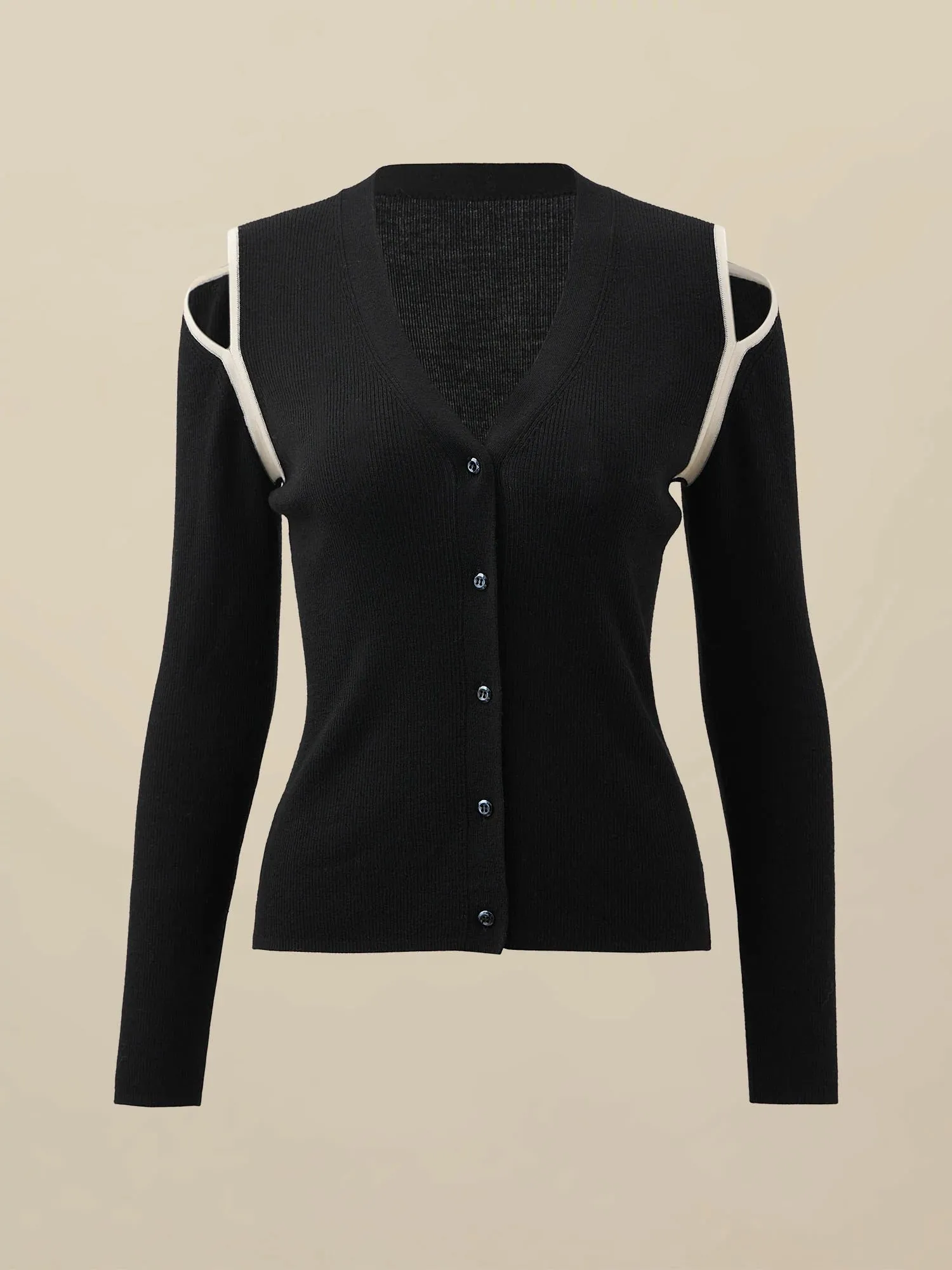 Amoretu Wool & Silk Contrasting Off Shoulder Cardigan