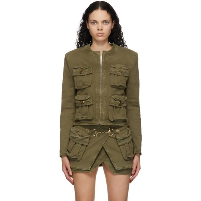 Balmain Khaki Denim Collarless Jacket
