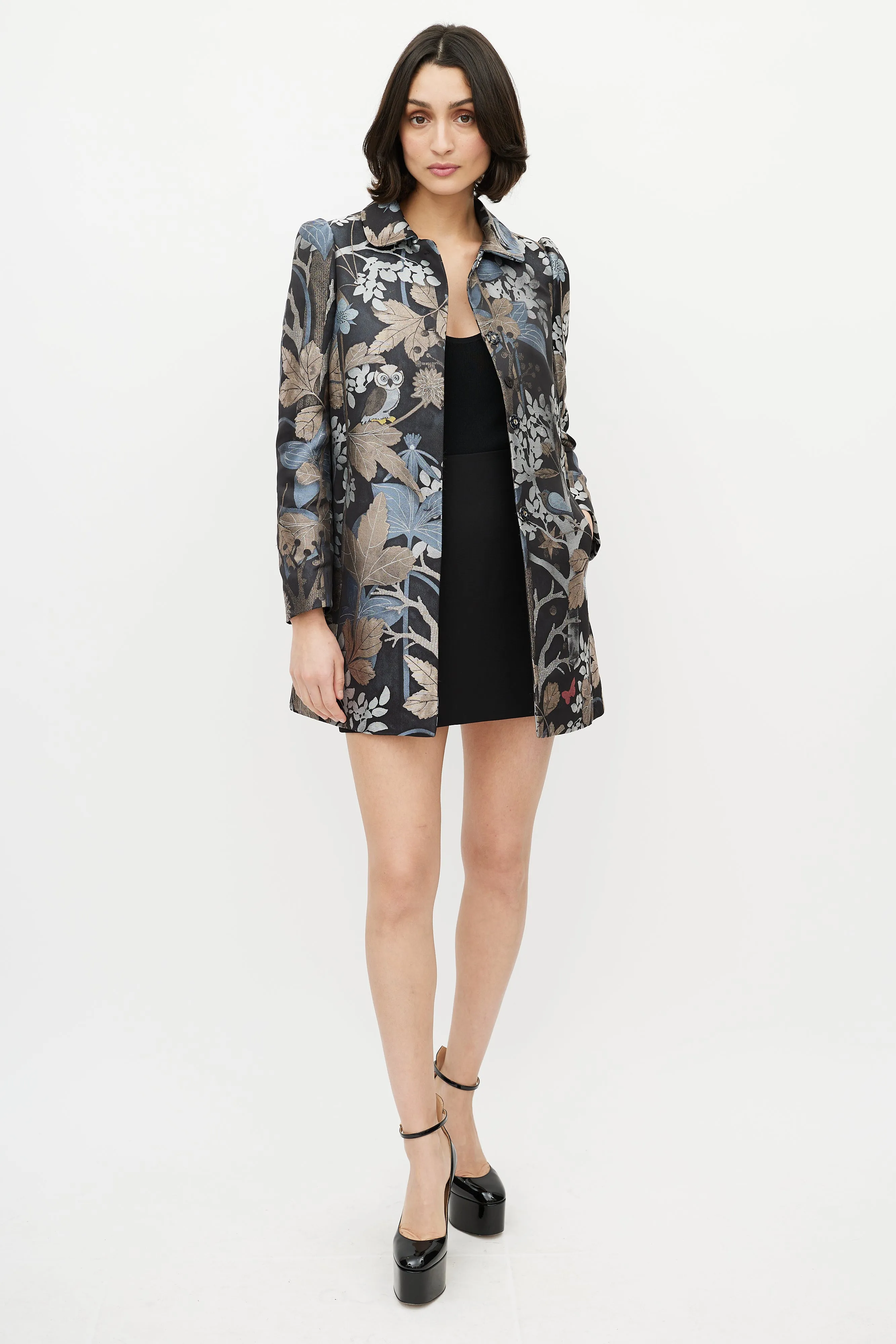 Black & Multi Jacquard Printed Coat