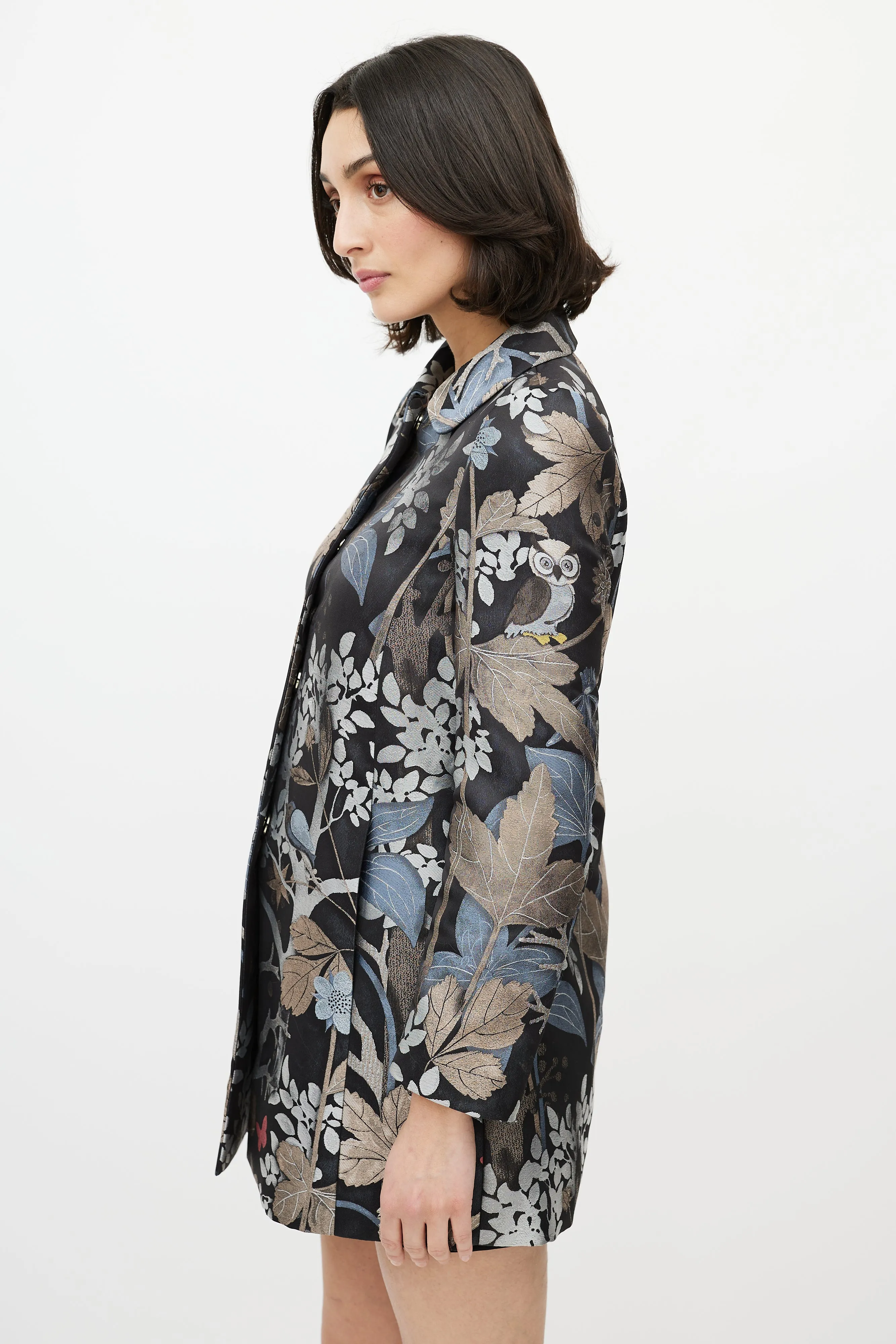 Black & Multi Jacquard Printed Coat