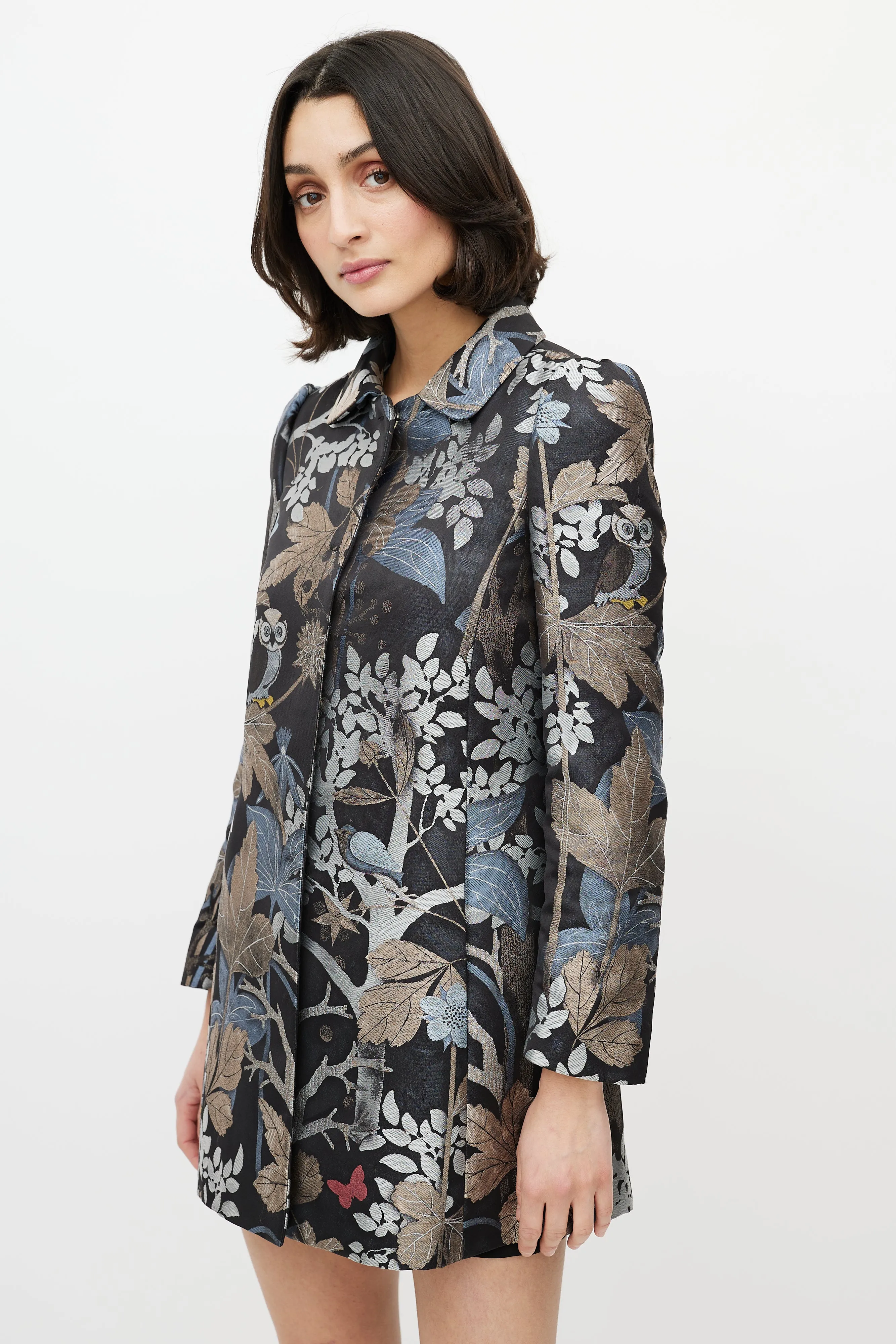 Black & Multi Jacquard Printed Coat