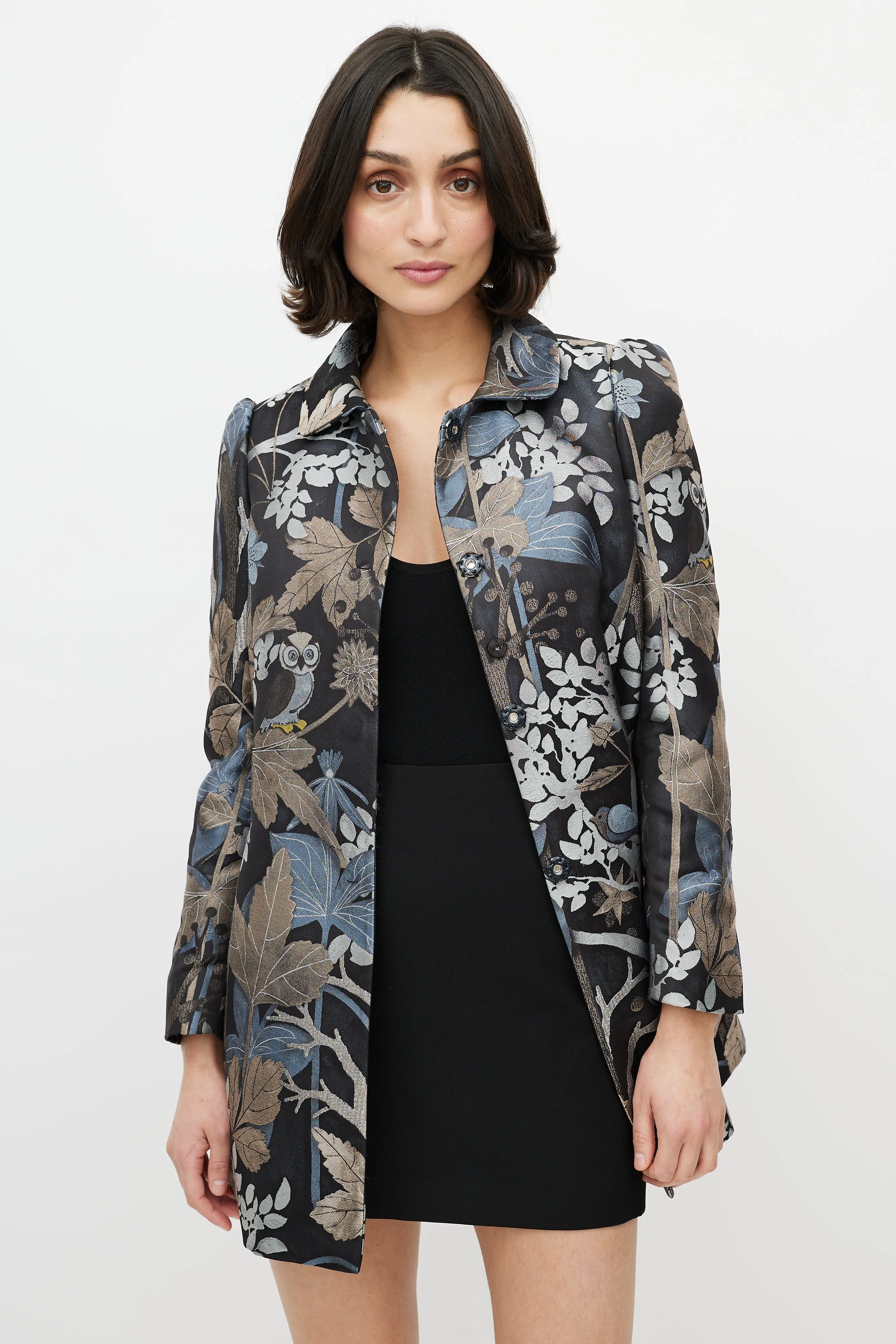 Black & Multi Jacquard Printed Coat