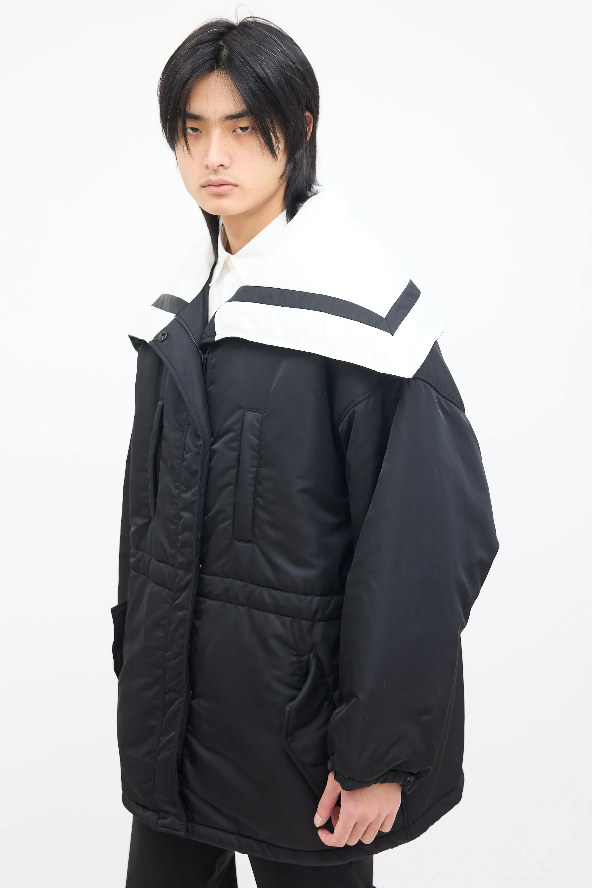 Black & White Sailor Collar Padded Coat