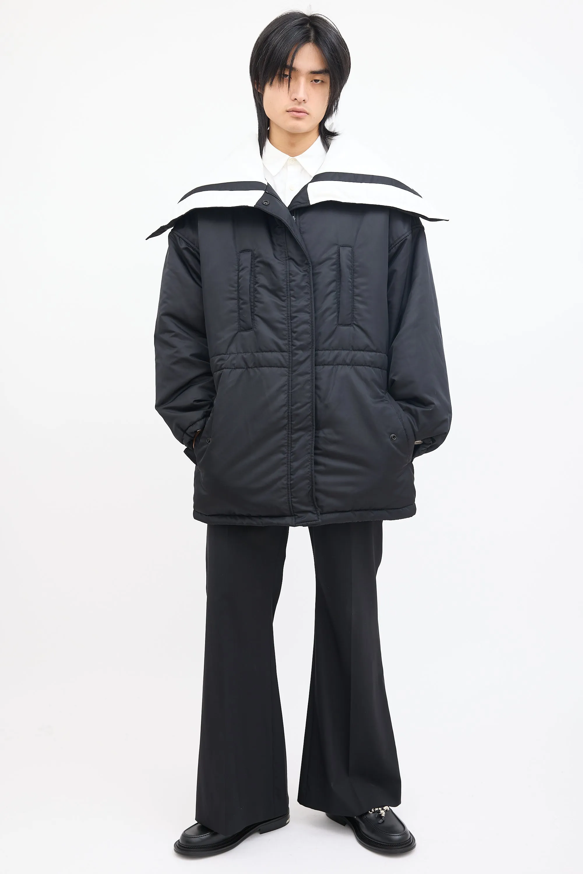 Black & White Sailor Collar Padded Coat