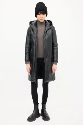 Black Leather Hooded & Padded Coat