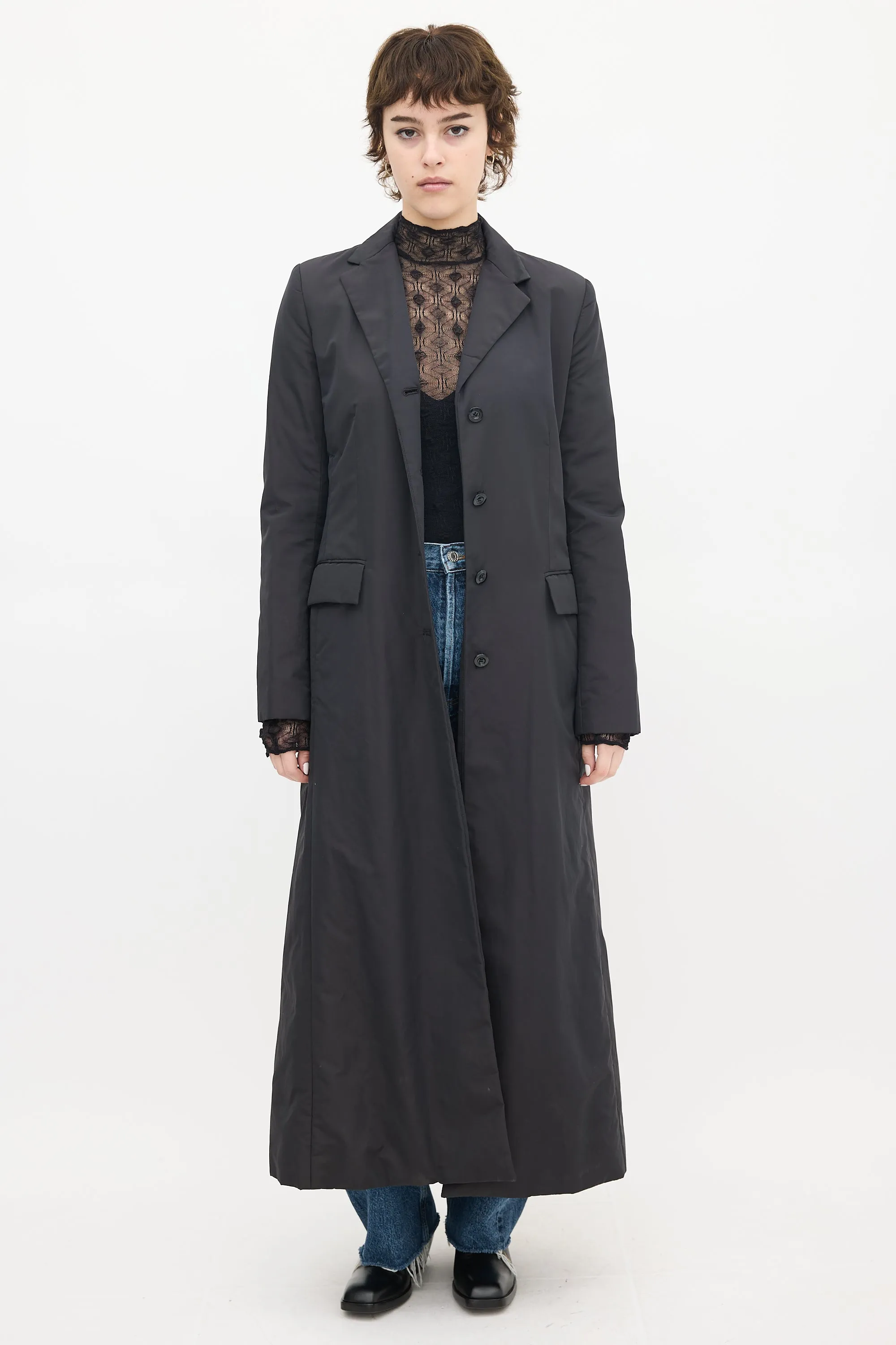 Black Nylon Two Pocket Long Coat