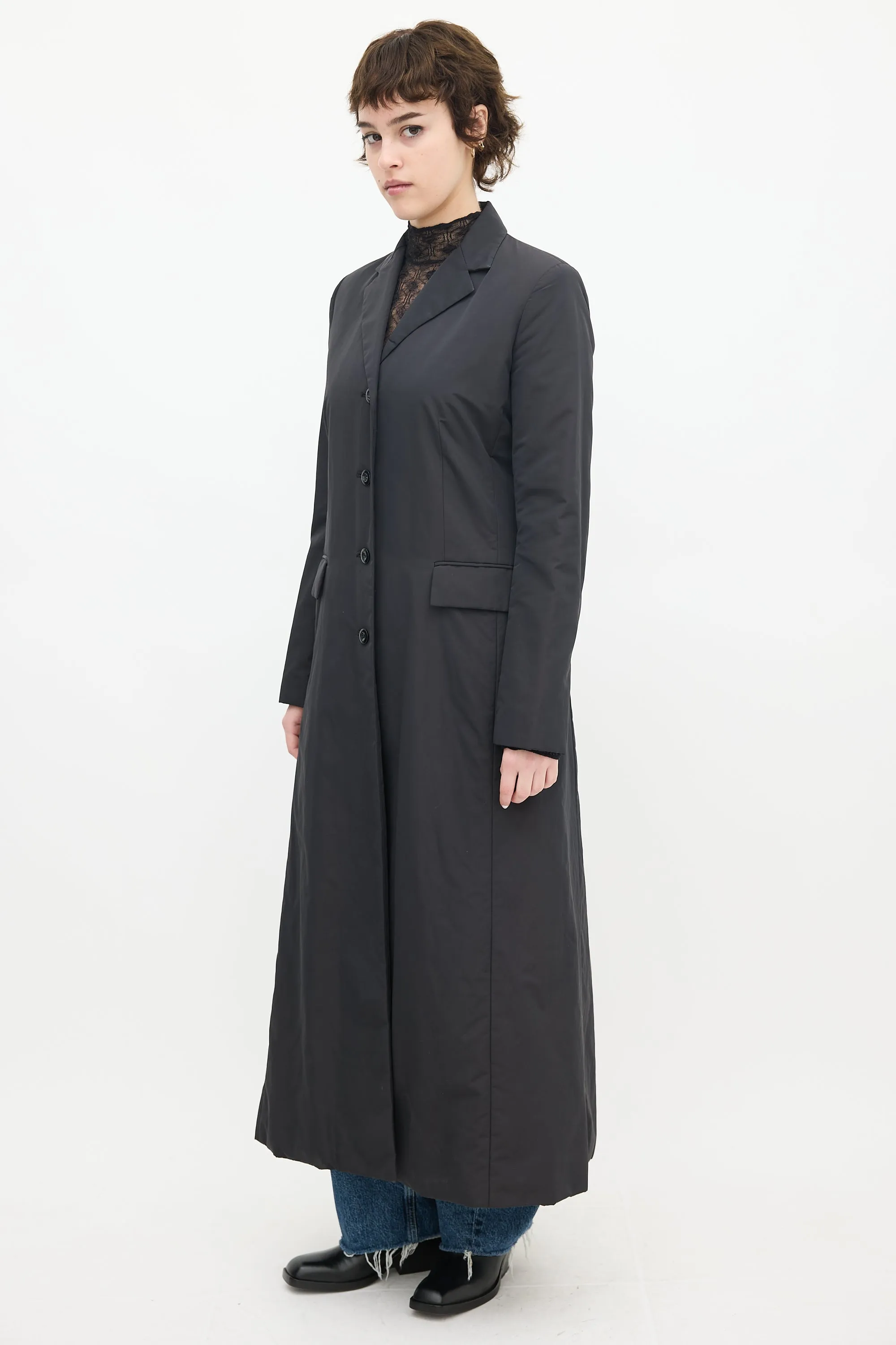 Black Nylon Two Pocket Long Coat