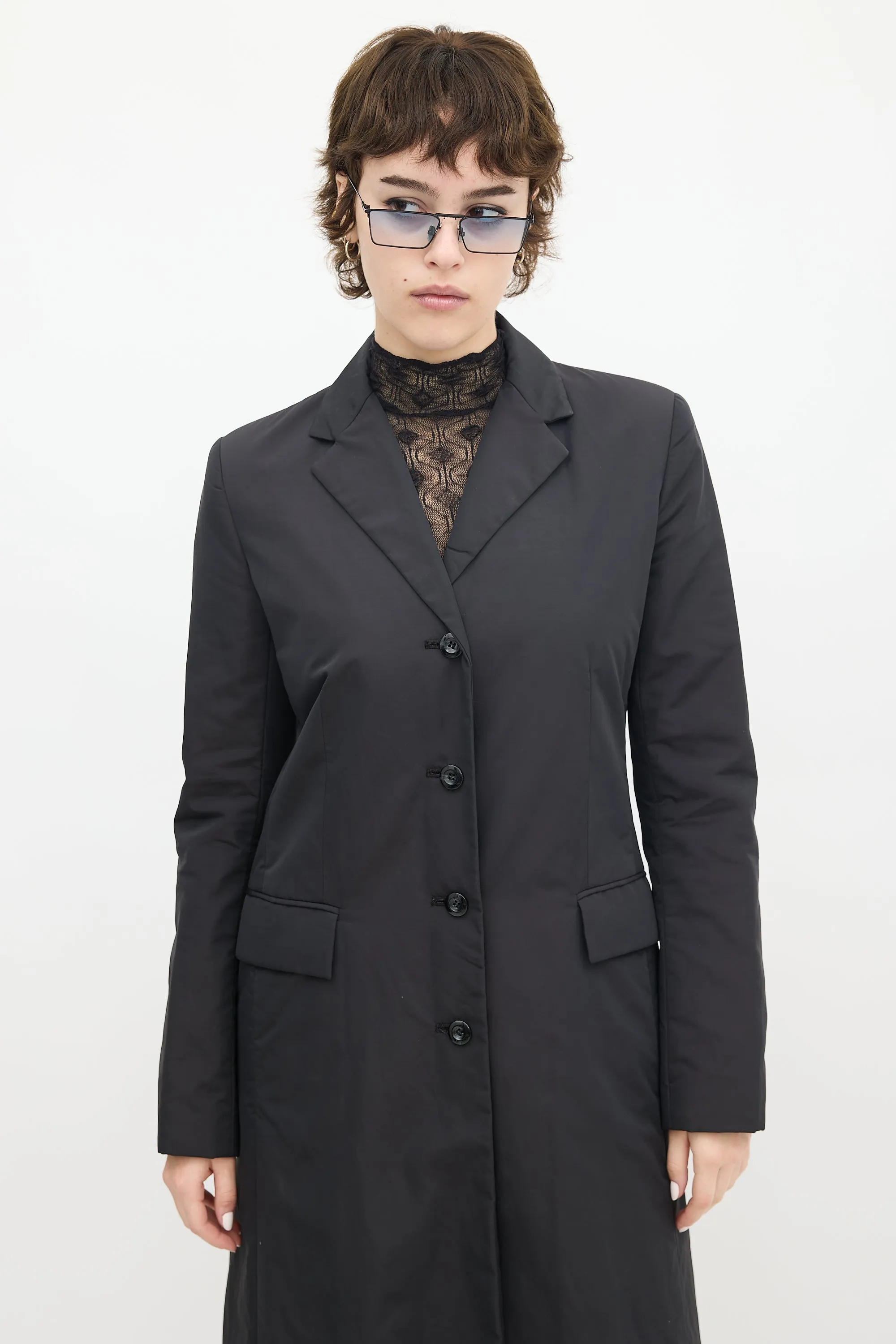 Black Nylon Two Pocket Long Coat