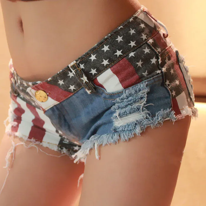 Female Casual Denim Shorts With US Flag