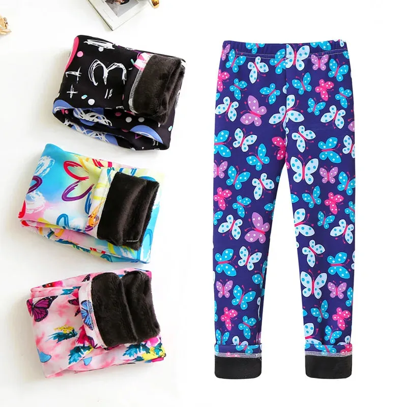 Girls' Warm, Thick Velvet Leggings with Adorable Designs for Kids