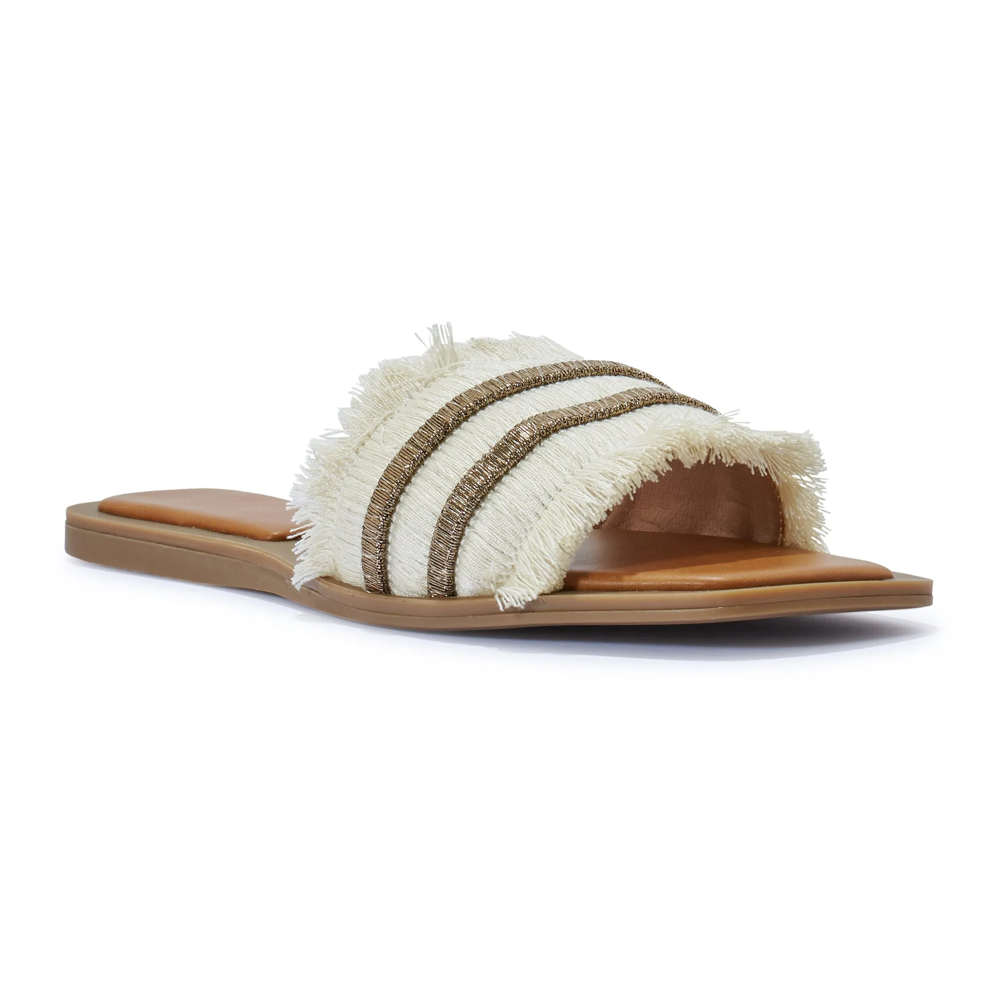 HONEYSUCKLE6 FRAYED TEXTILE COTTON FLAT SANDAL MULE
