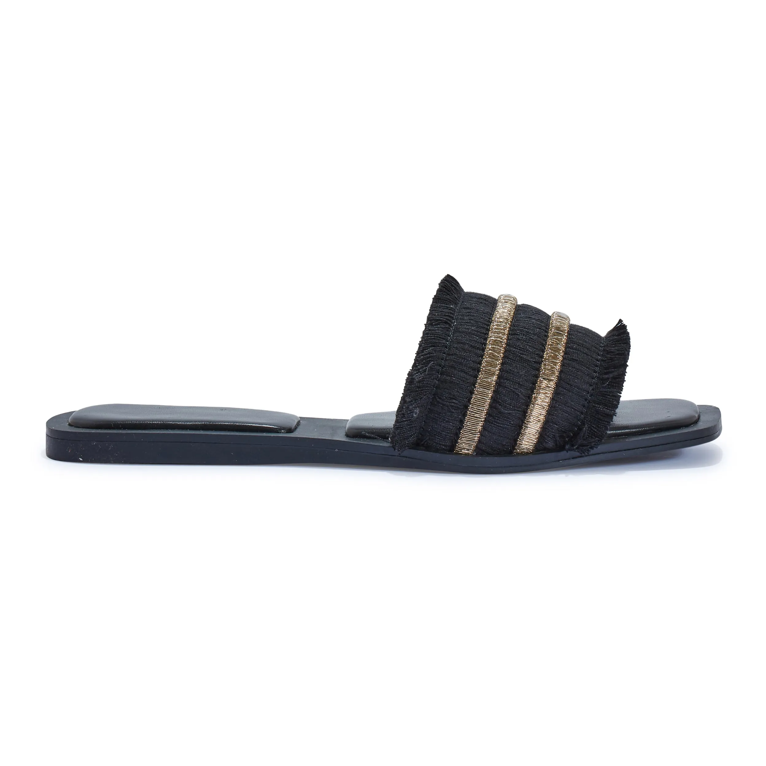 HONEYSUCKLE6 FRAYED TEXTILE COTTON FLAT SANDAL MULE