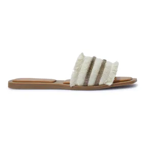 HONEYSUCKLE6 FRAYED TEXTILE COTTON FLAT SANDAL MULE