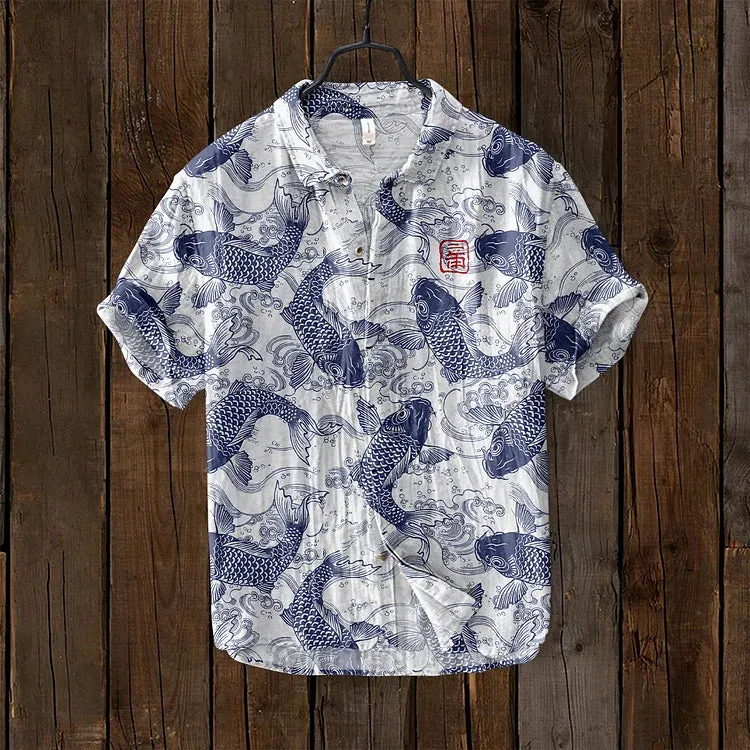 Ivyshape | Comfortable Fish Art Linen Shirt