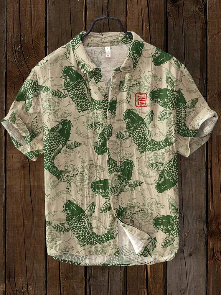 Ivyshape | Comfortable Fish Art Linen Shirt