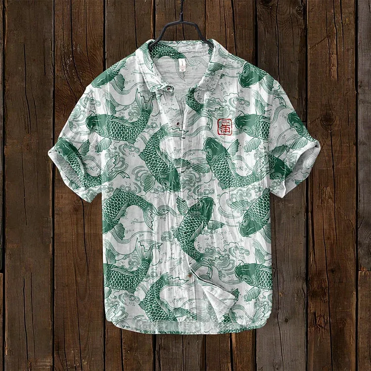 Ivyshape | Comfortable Fish Art Linen Shirt