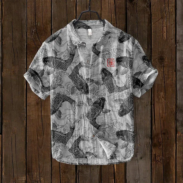 Ivyshape | Comfortable Fish Art Linen Shirt