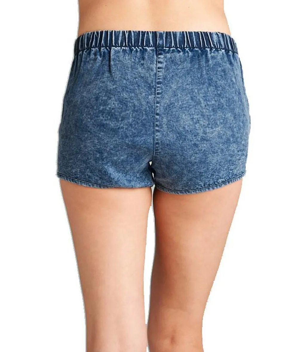 Khanomak Stretch Acid Wash Elastic Waist Denim Dolphin Hem Shorts