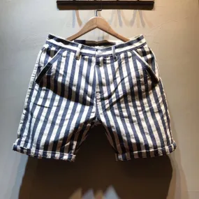 Men's Summer Fashion Brand Cotton Slim Fit Straight Japan Vintage Style Striped Blue Navy Style Casual Shorts Male