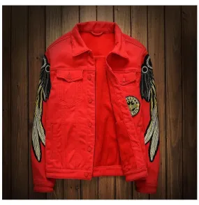 Men's Trendy Wings Embroidery Fleece Jean Jacket