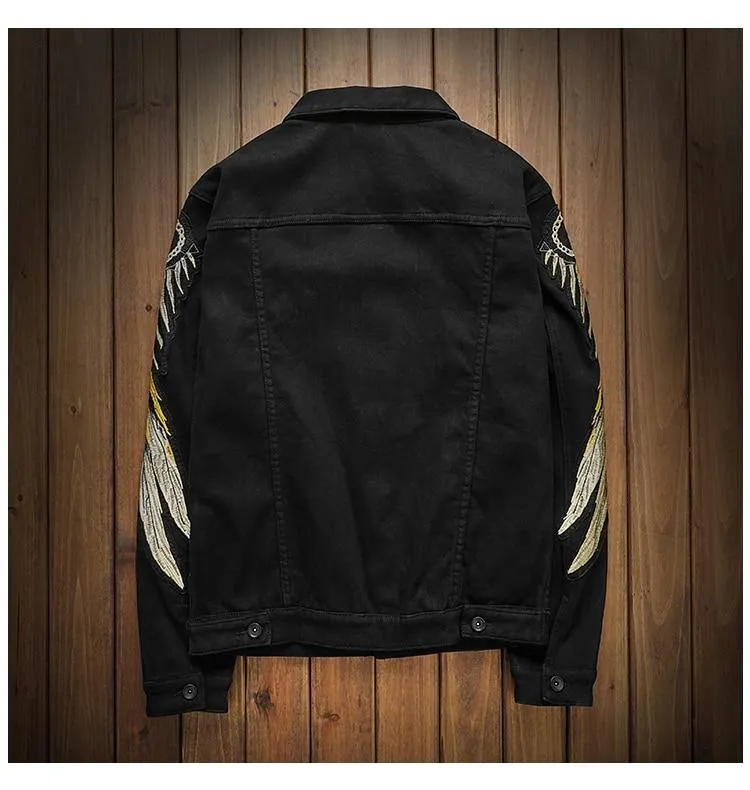 Men's Trendy Wings Embroidery Fleece Jean Jacket
