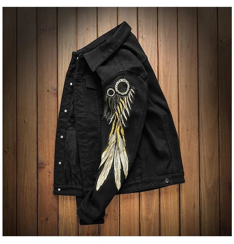 Men's Trendy Wings Embroidery Fleece Jean Jacket