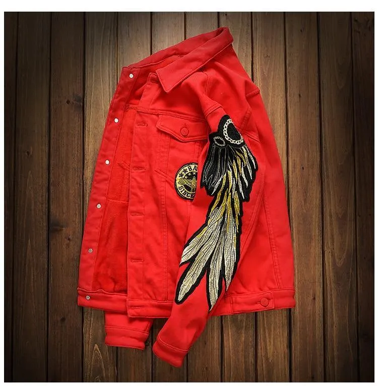 Men's Trendy Wings Embroidery Fleece Jean Jacket