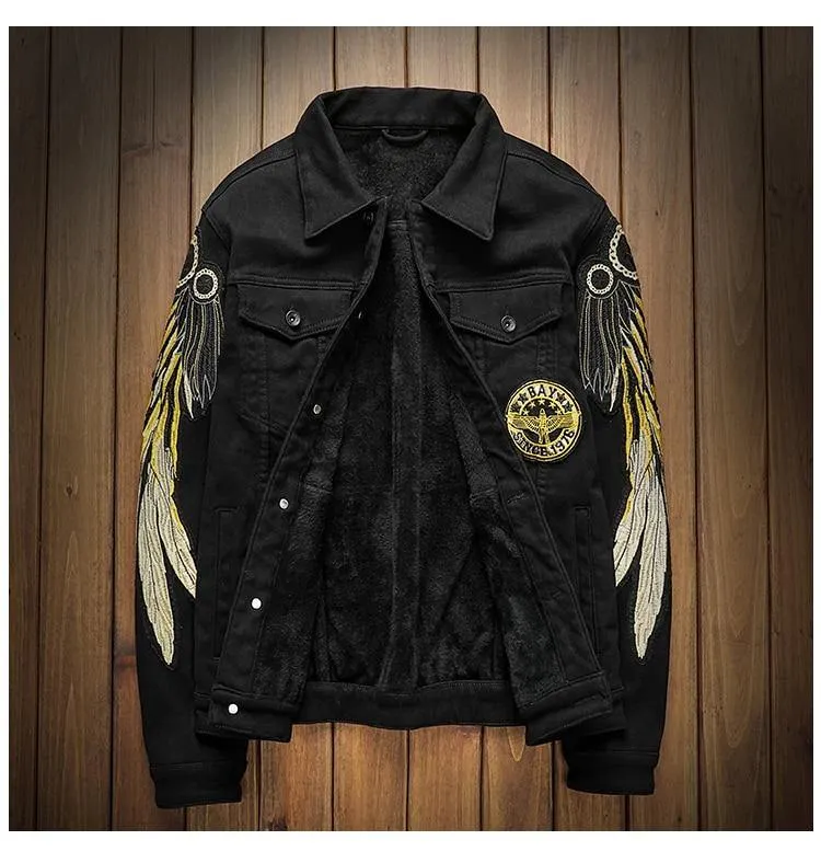 Men's Trendy Wings Embroidery Fleece Jean Jacket