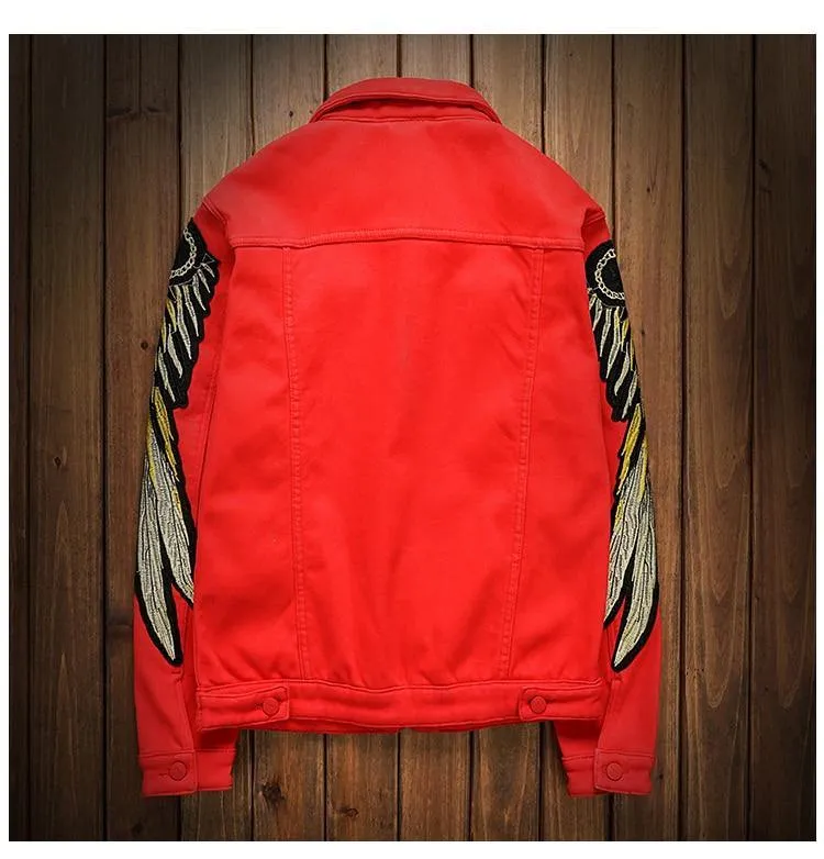 Men's Trendy Wings Embroidery Fleece Jean Jacket