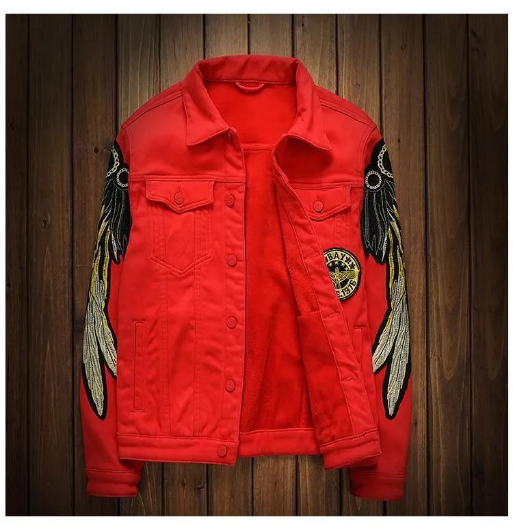 Men's Trendy Wings Embroidery Fleece Jean Jacket