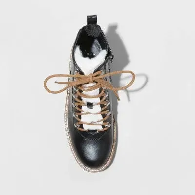 New - A New Day Women's Faux Leather Fur Ankle Hiking Boots Block Heel Memory Foam