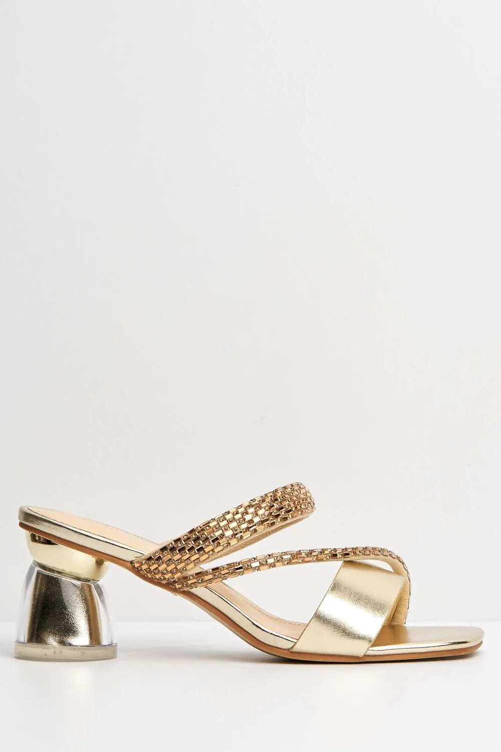 Nimra Diamante Embellished Block Heel Mules in Gold