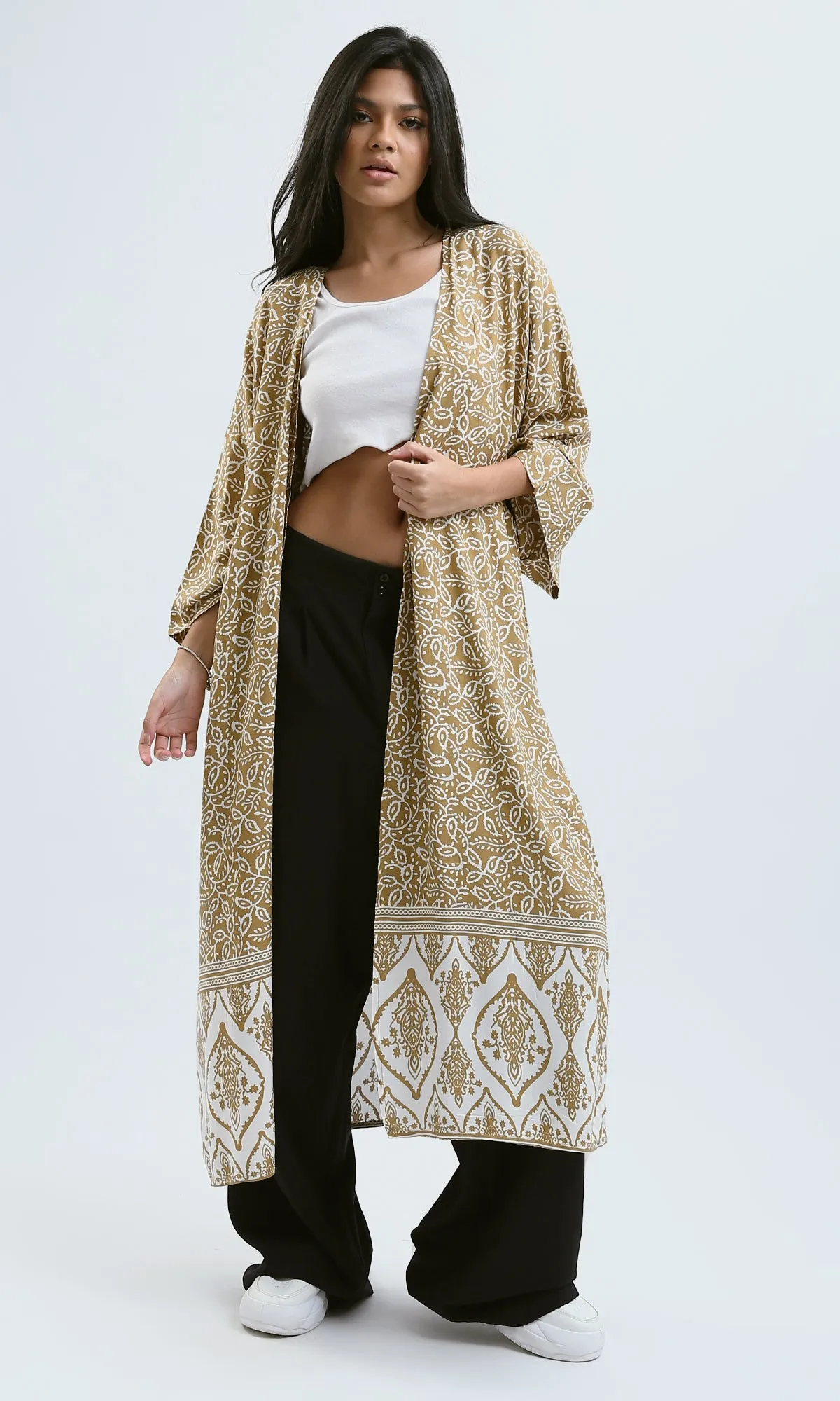 O190346 Dark Camel & White Lightweight Slip-On Cardigan