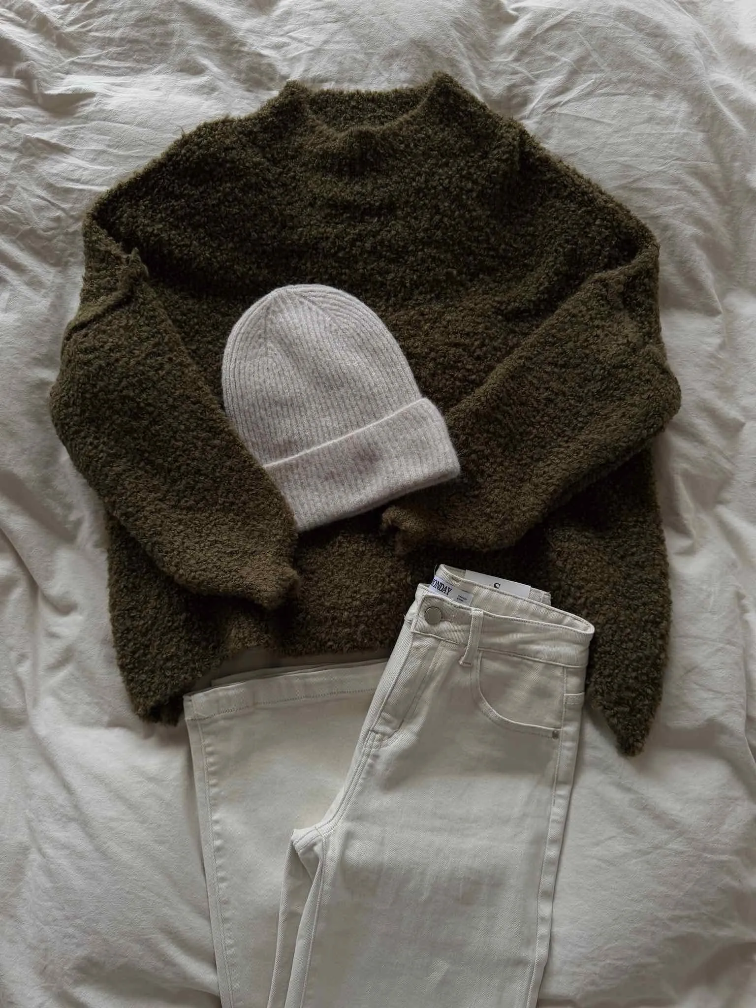 Oversized Boucl Pulli mit Stehkragen - Olive