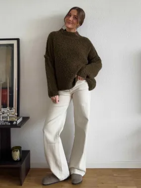 Oversized Boucl Pulli mit Stehkragen - Olive