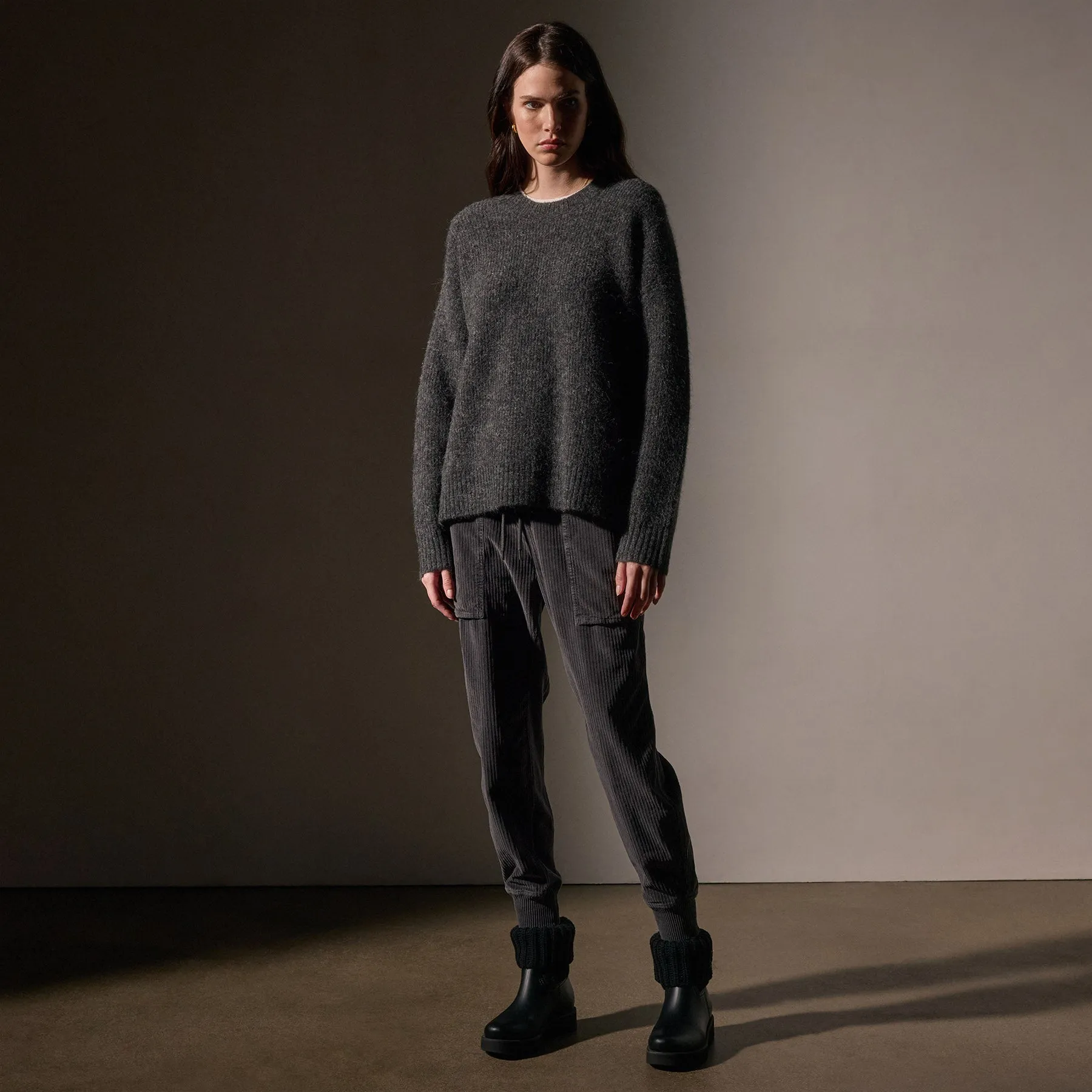 Oversized Waffle Knit Crew - Anthracite