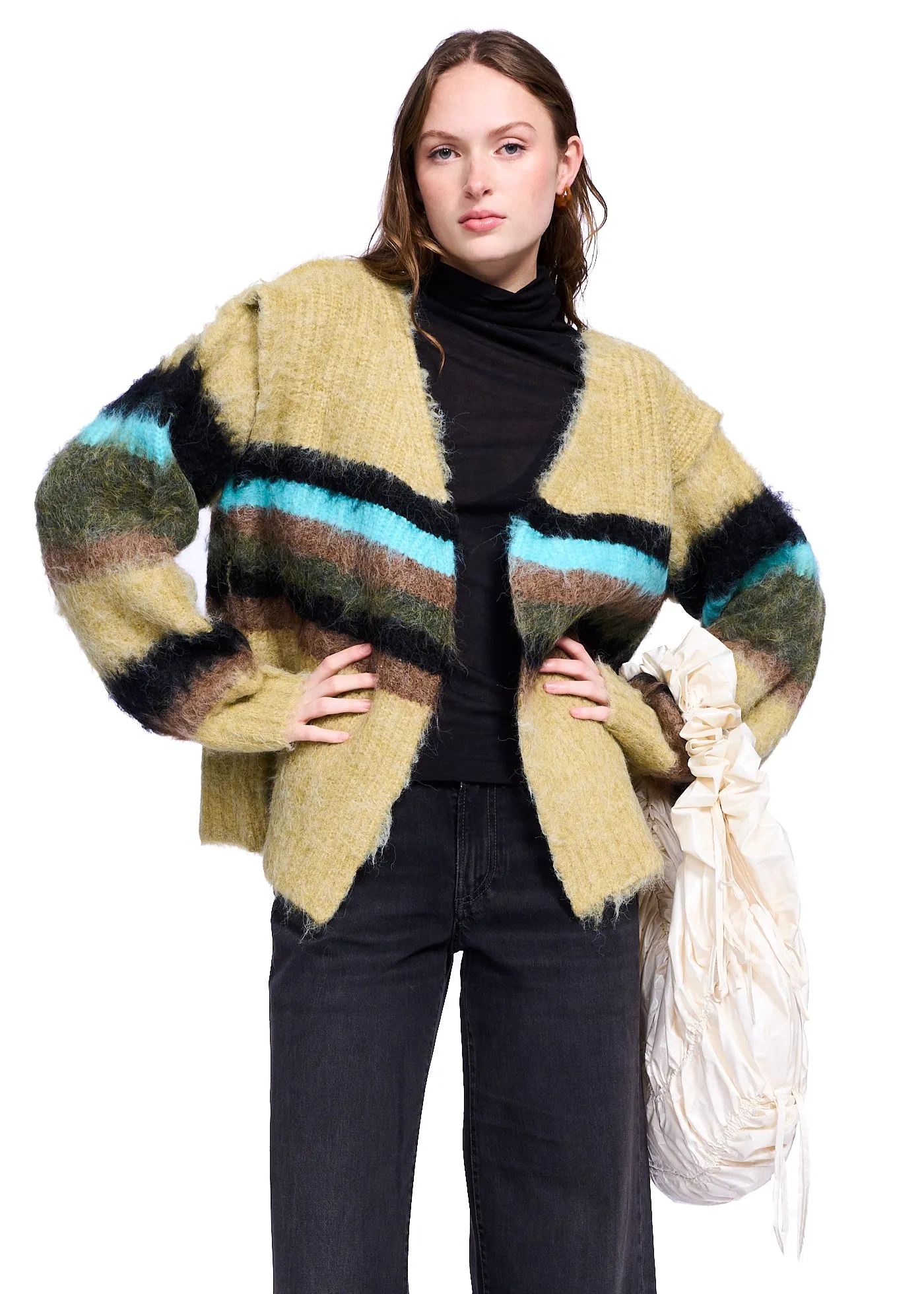 Perverze Double Stripe Knit Cardigan in Green