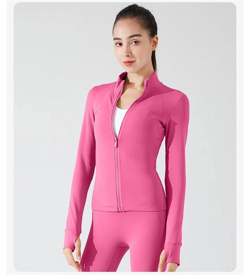 Solid Color Sports Jacket Top Padded Warm Yoga Coat Women Long Sleeves Full Zip Fitness Leisure Define Jacket With Thumb Jack