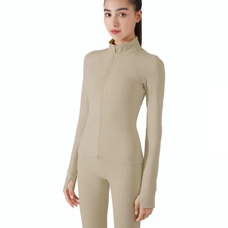 Solid Color Sports Jacket Top Padded Warm Yoga Coat Women Long Sleeves Full Zip Fitness Leisure Define Jacket With Thumb Jack