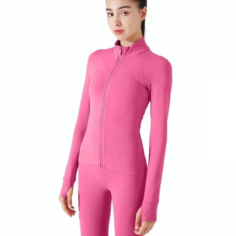 Solid Color Sports Jacket Top Padded Warm Yoga Coat Women Long Sleeves Full Zip Fitness Leisure Define Jacket With Thumb Jack