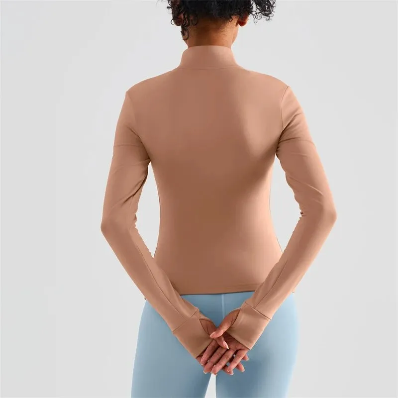 Solid Color Sports Jacket Top Padded Warm Yoga Coat Women Long Sleeves Full Zip Fitness Leisure Define Jacket With Thumb Jack