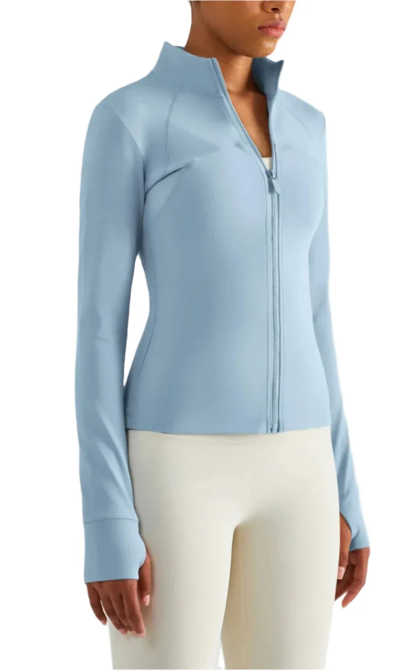 Solid Color Sports Jacket Top Padded Warm Yoga Coat Women Long Sleeves Full Zip Fitness Leisure Define Jacket With Thumb Jack