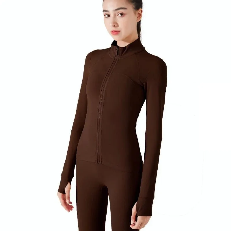 Solid Color Sports Jacket Top Padded Warm Yoga Coat Women Long Sleeves Full Zip Fitness Leisure Define Jacket With Thumb Jack