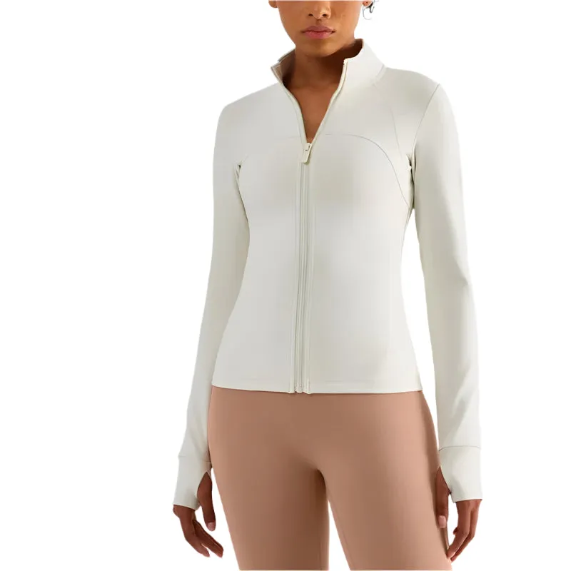 Solid Color Sports Jacket Top Padded Warm Yoga Coat Women Long Sleeves Full Zip Fitness Leisure Define Jacket With Thumb Jack