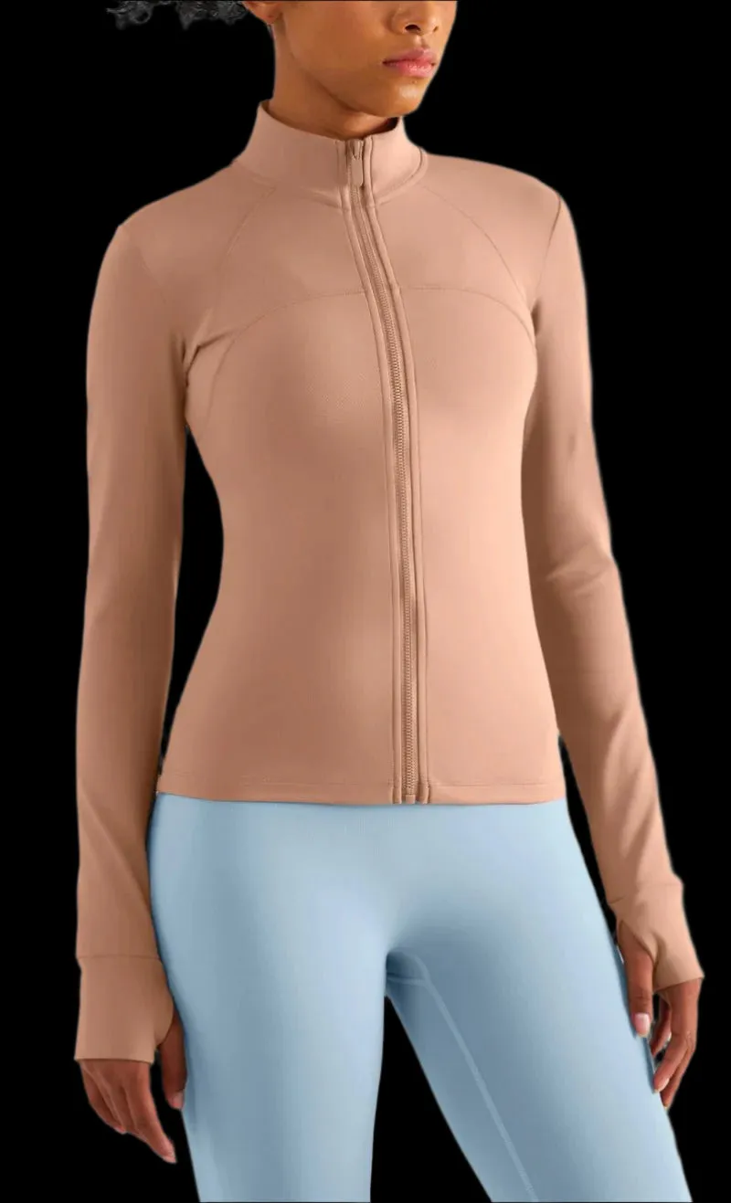 Solid Color Sports Jacket Top Padded Warm Yoga Coat Women Long Sleeves Full Zip Fitness Leisure Define Jacket With Thumb Jack