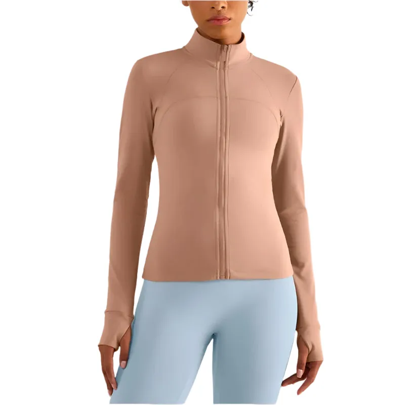 Solid Color Sports Jacket Top Padded Warm Yoga Coat Women Long Sleeves Full Zip Fitness Leisure Define Jacket With Thumb Jack