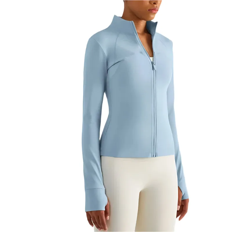 Solid Color Sports Jacket Top Padded Warm Yoga Coat Women Long Sleeves Full Zip Fitness Leisure Define Jacket With Thumb Jack
