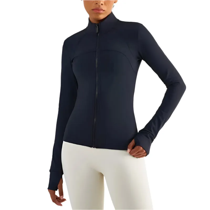 Solid Color Sports Jacket Top Padded Warm Yoga Coat Women Long Sleeves Full Zip Fitness Leisure Define Jacket With Thumb Jack