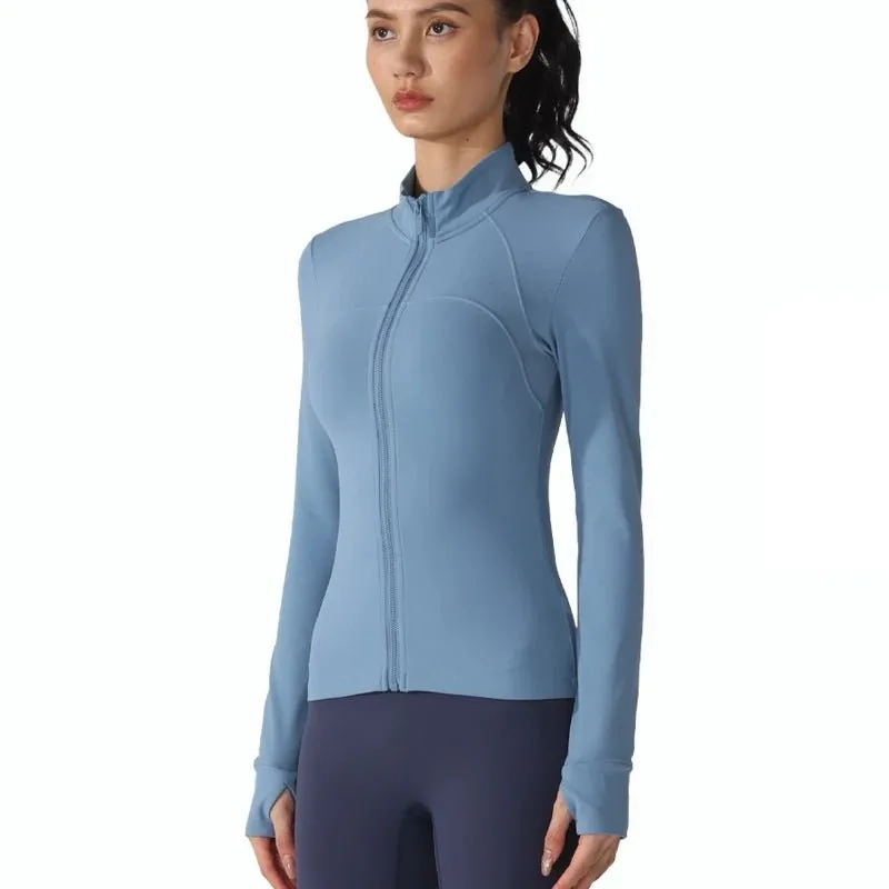 Solid Color Sports Jacket Top Padded Warm Yoga Coat Women Long Sleeves Full Zip Fitness Leisure Define Jacket With Thumb Jack